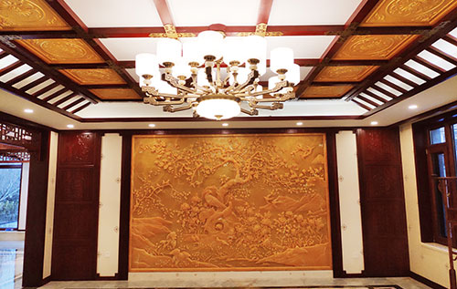 抱罗镇中式别墅客厅中式木作横梁吊顶装饰展示